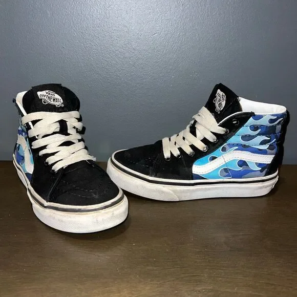 VANS High Top Sneakers Lace Up Youth 12.5 Shoes Flames Black Blue White - Picture 2 of 9